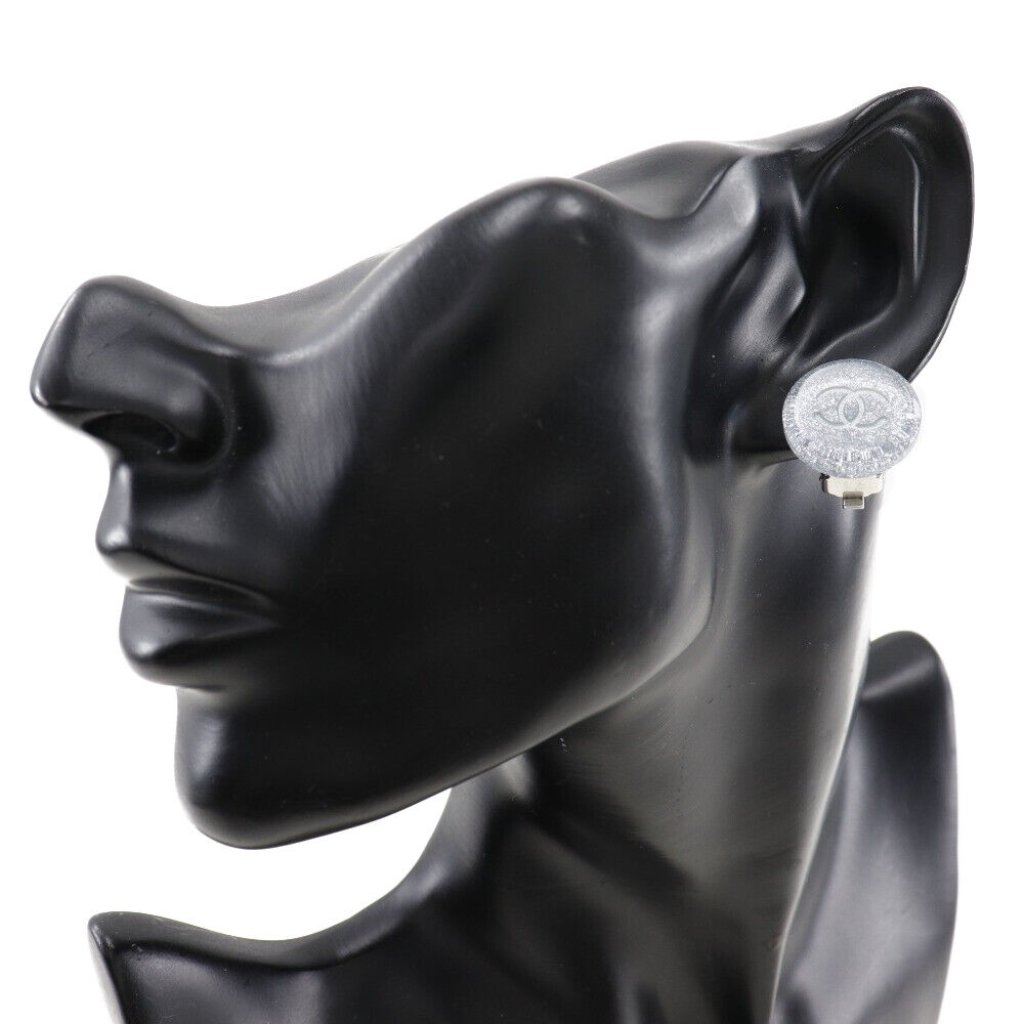 Chanel Coco Mark Earring Silver Plastic Women